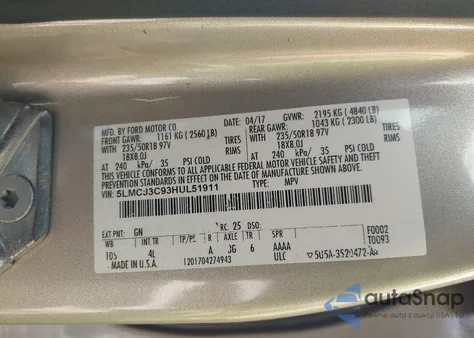 2017 Lincoln Mkc Reserve from USA, damaged, VIN 5LMCJ3C93HUL51911